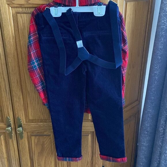 Max Studio Kids 3 piece set Boys Red Shirt Navy Corduroy Pants with suspenders - Picture 4 of 8